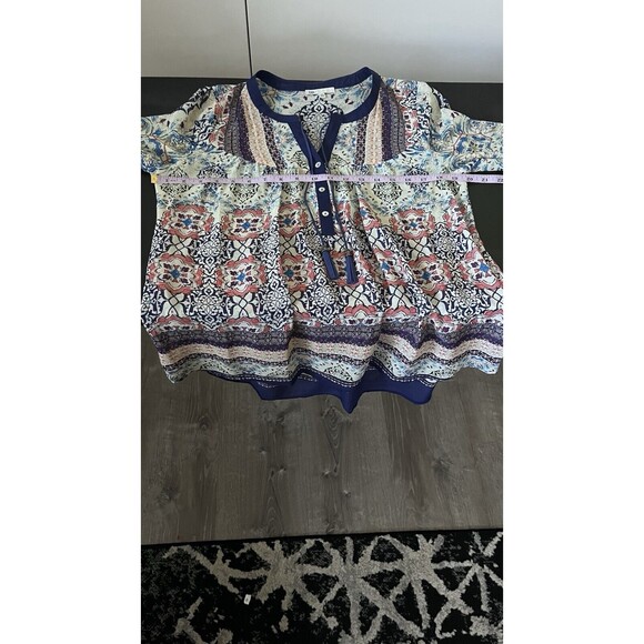 DR2 Daniel Rainn Top Womens Medium Floral Boho Peasant Roll Tab Flowy Blouse - Picture 4 of 10
